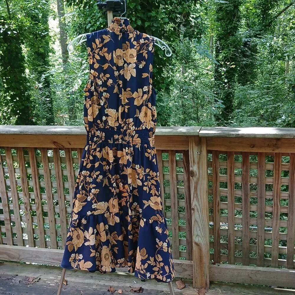N Lepore Sleeveless Gold Floral on Navy Midi Dress with Shirring & Ruffles Sz 4